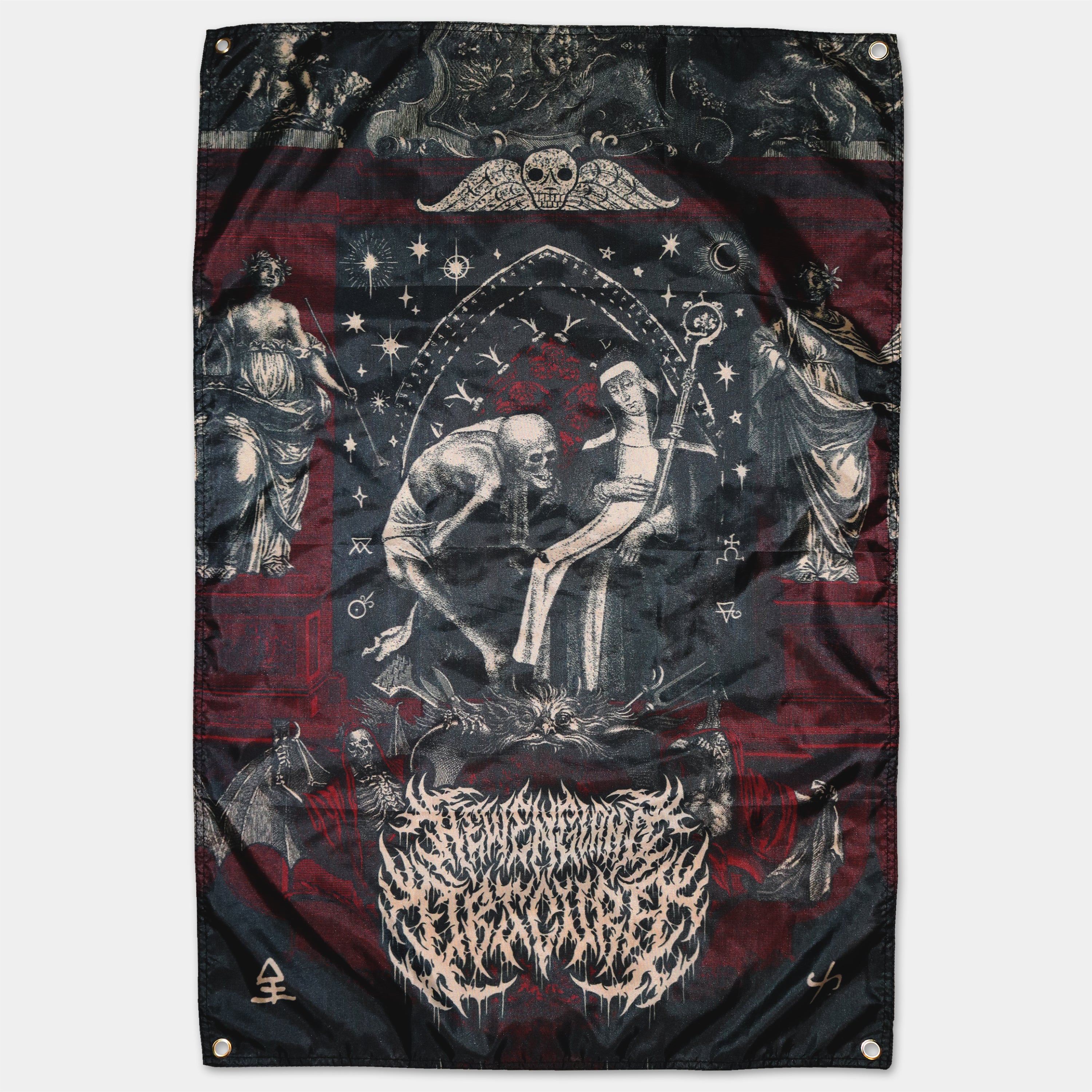 Death Gate Damnation Flag
Decorative tapestry with gothic design featuring a couple and celestial elements on a dark background